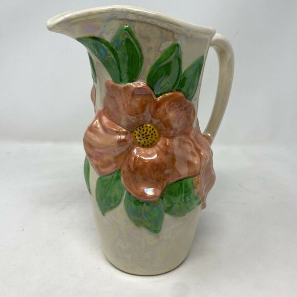 Vintage Holland Mold Iridescent Pink Hibiscus Flower Pitcher - Picture 1 of 8